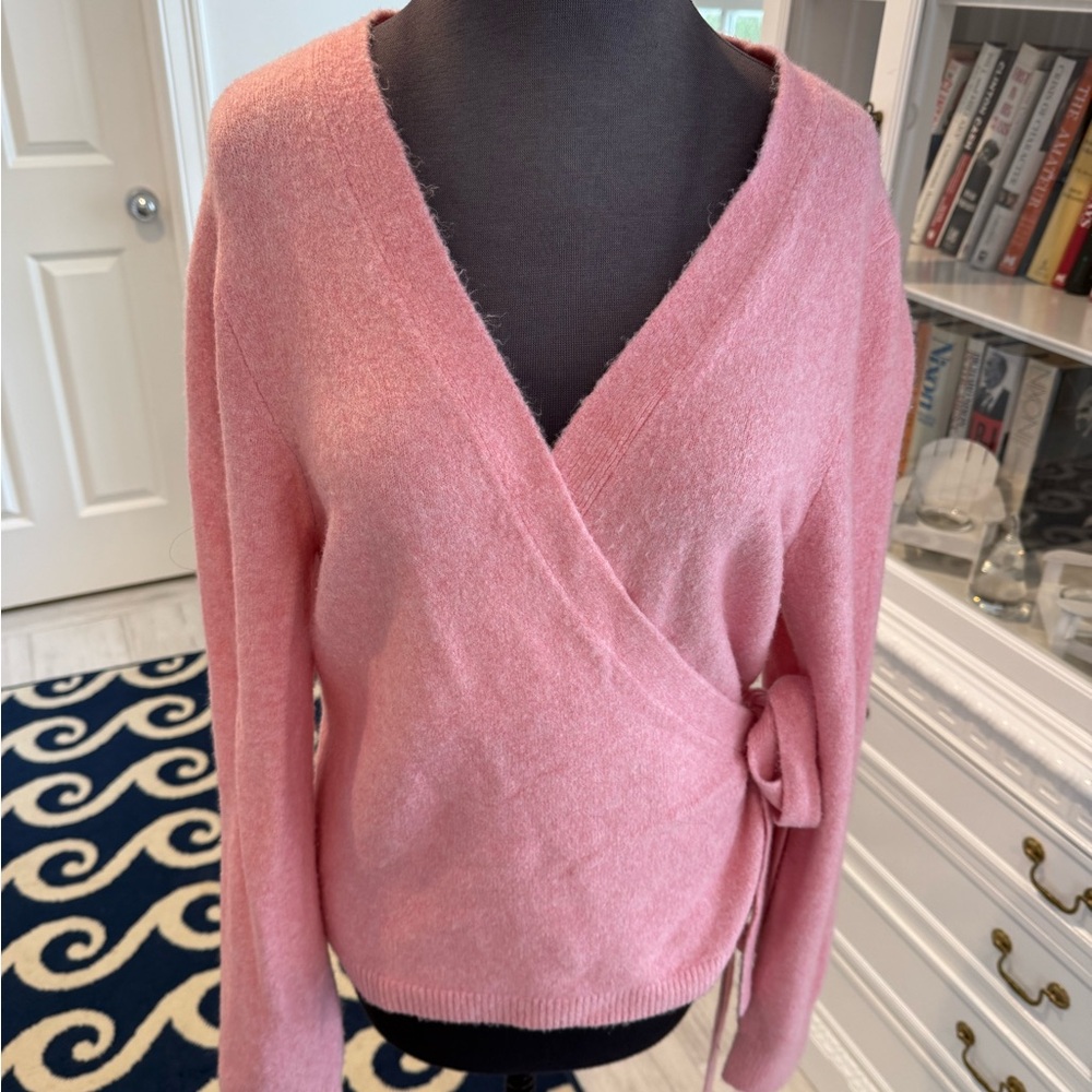 J.Crew Factory Pink Wrap Sweater Size L Soft Knit V Neck - Picture 2 of 3